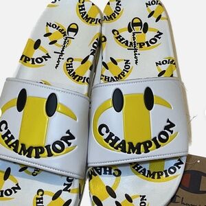Champion Slides Shoes Mens Size 12 White Yellow Happy Face Summer Sandals NEW